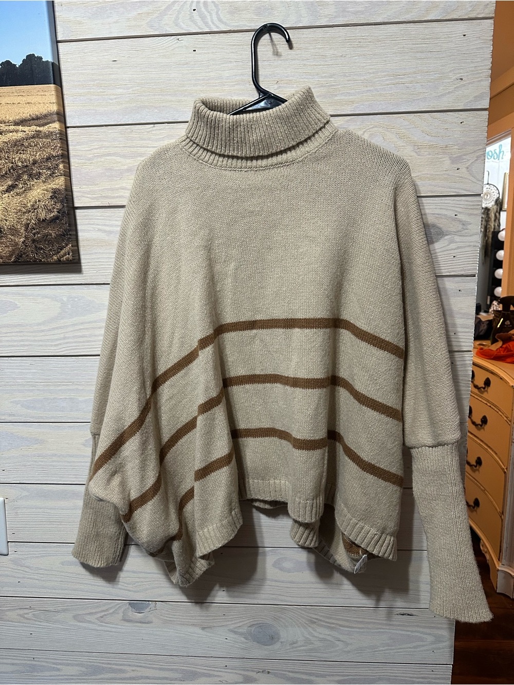 HYFVE Turtleneck Stripe Poncho Sweater - Beige